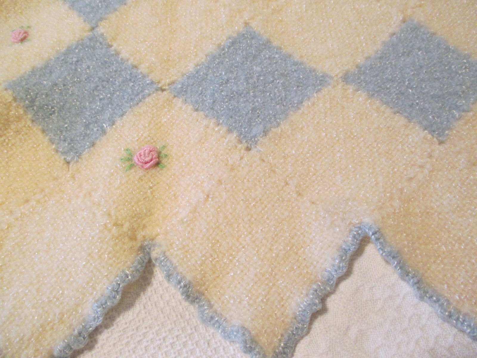 Vtg Hand Woven Square Baby Blanket Wool Crocheted Edges Light Blue Ivory Roses