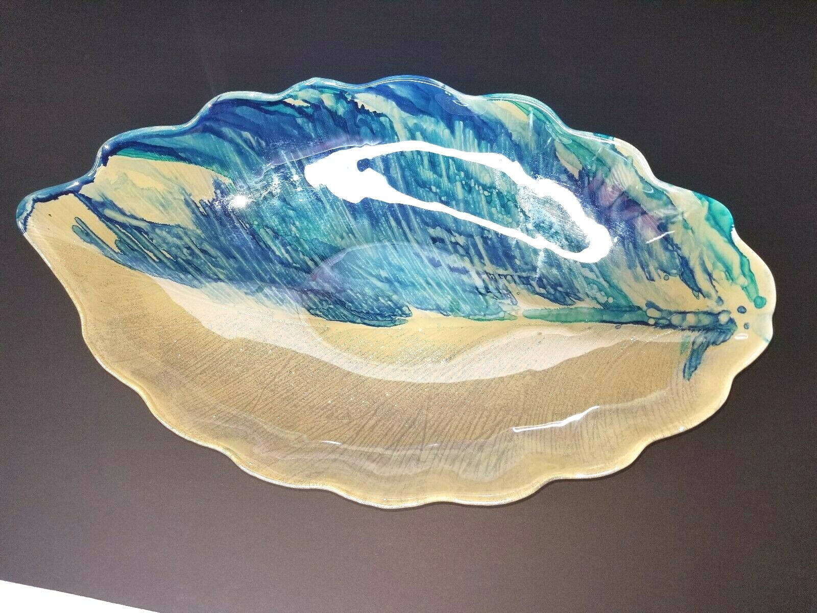 Large Leaf Shaped Reflective Display Bowl Blue & Cream Sparkles 16