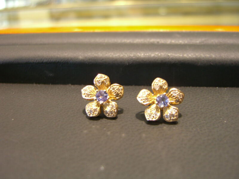 Fine Womens Earrings Yellow Gold Flower Tanzanite And Diamond New Wow