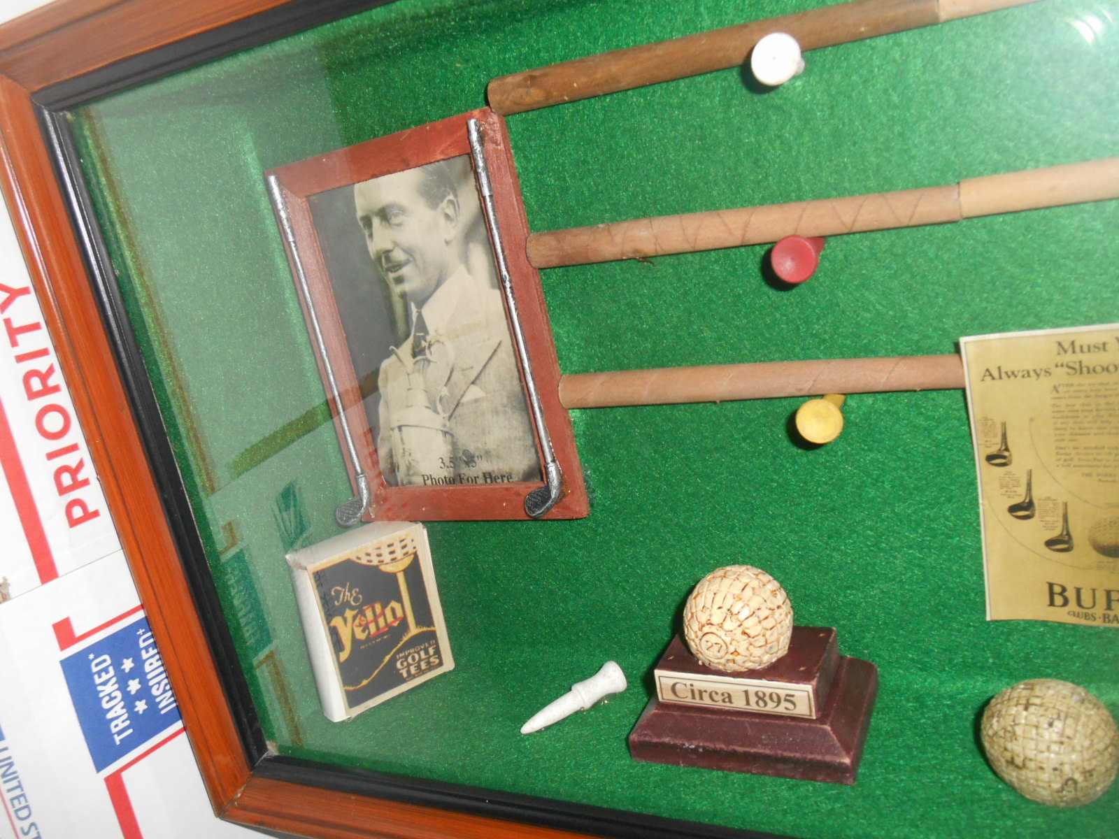 Vtg. Lg. Shadow Box of GOLFING Memorabilia Replica Items Man Cave Office Display
