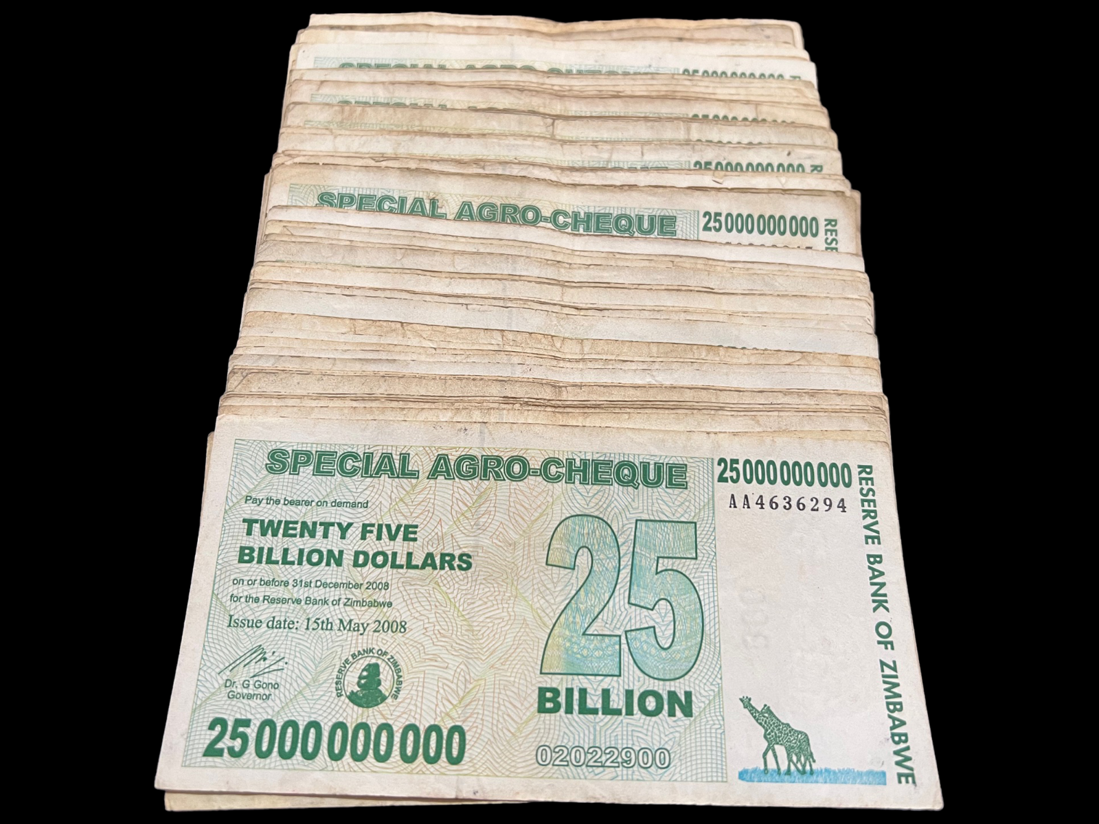 100x Zimbabwe 25 Billion Dollar Special Agro Cheque Bill Banknote - 2.5 Trillion