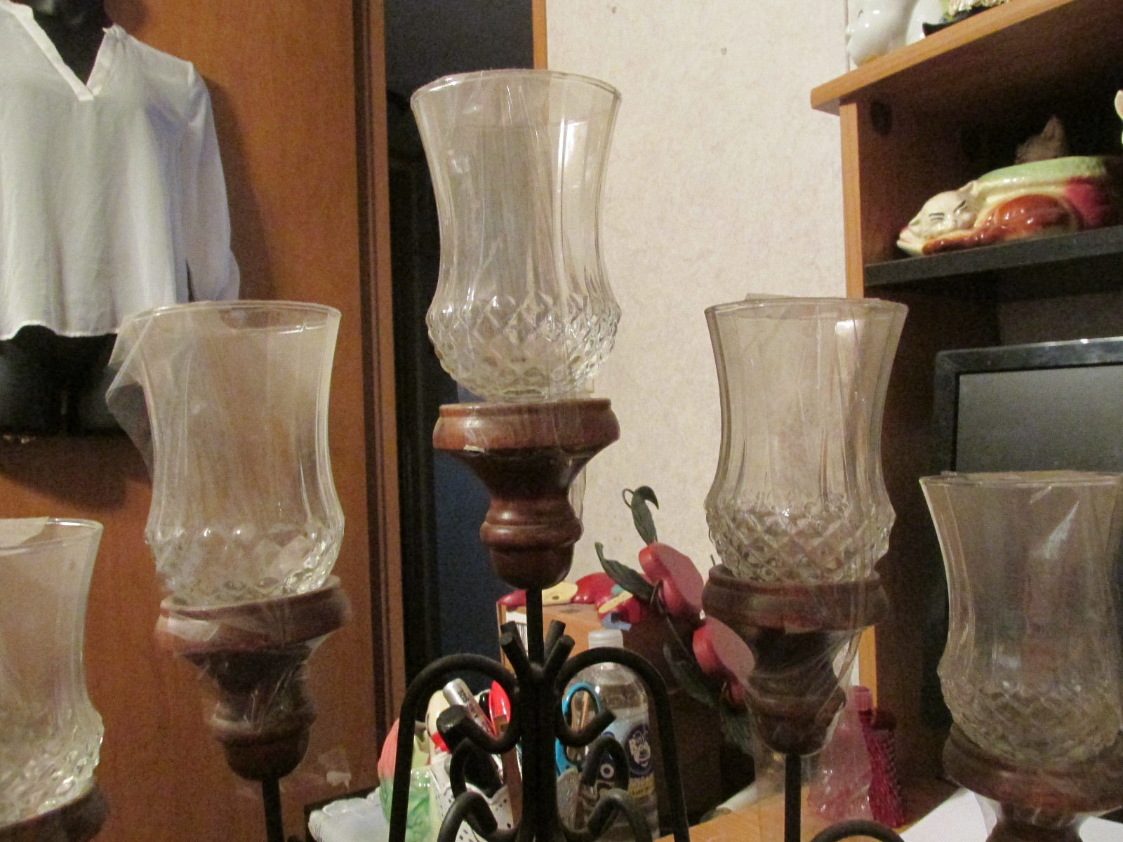 Vintage Home Interiors HOMCO 5 Arm Wood Metal Candelabra Glass Candle Holder