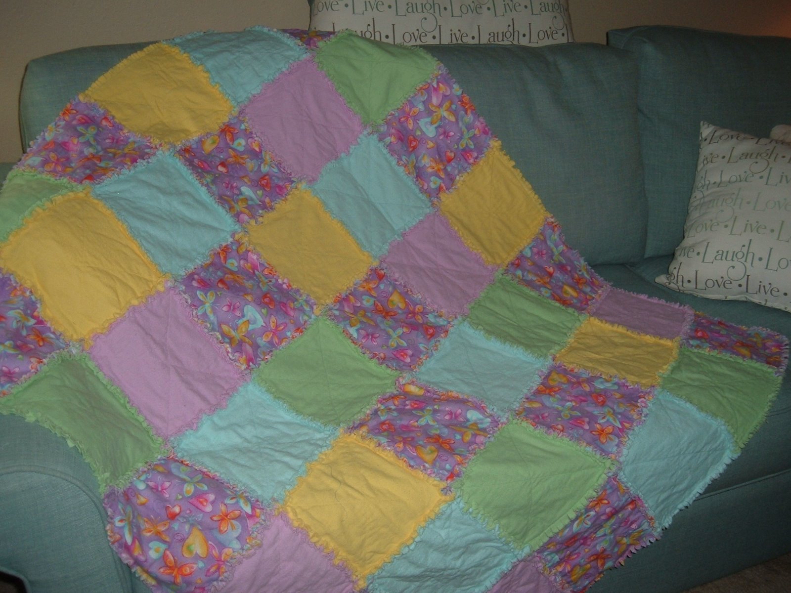 BUTTERFLY RAG QUILT  PASTEL COLORS PURPLE-AQUA-YELLOW-LIME