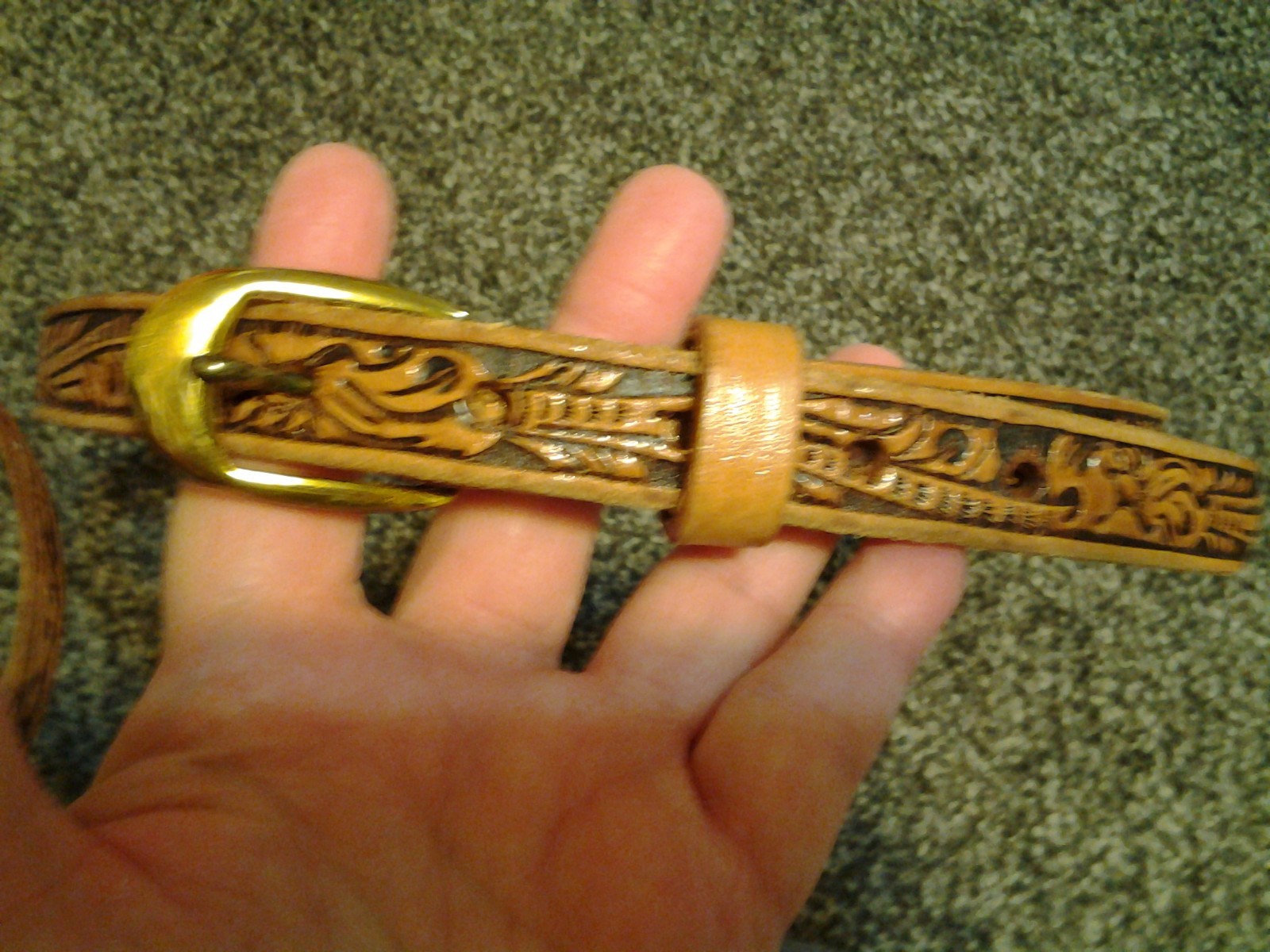 Vintage MENASCO'S Western Leather Tooled Belt 1987 w/Gold tone Buckle Sz 28