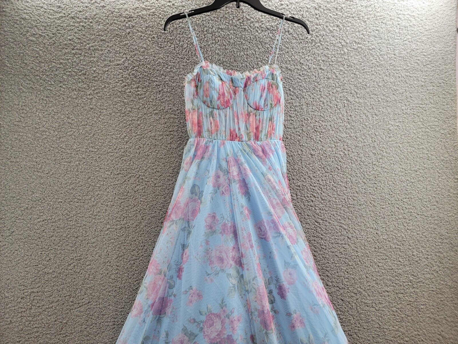 City Studio Floral-Print Bustier Gown Women's 0 Sky/Rose Ruffle Sweetheart Neck - Picture 3 of 16