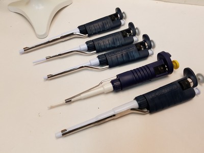 Lot 5 Gilson Pipetman Pipette Set Pipet Variable P2 P20 P1000 P200 W/Stand