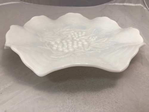 Vintage Imperial White Milk Glass Grapes Leaf Pattern Crimped Low Footed Plate