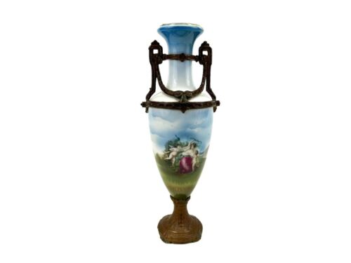 Antique Victorian Porcelain Urn Vase, Archer Cherubs Metal Base Handles, Germany