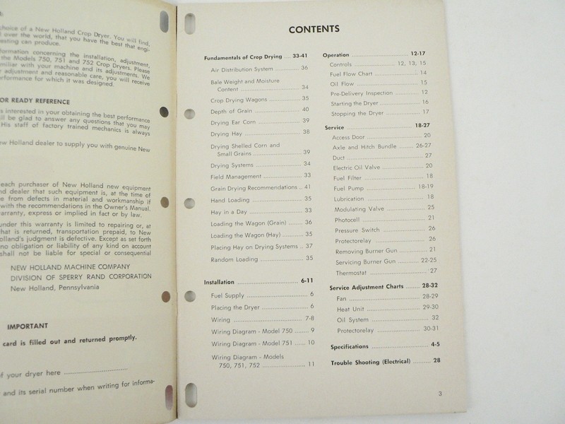 VTG New Holland 750 751 752 Crop Dryer Owner Manual Maintenance Adjustments 1961