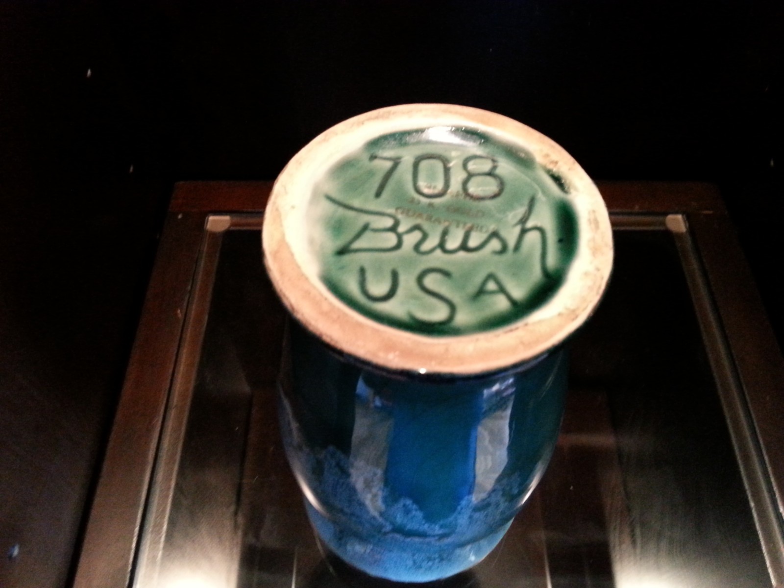 Brush  USA  MOTTLED  Art Pottery #708 Dark Green Vase - Vintage 23k Gold Trimmed