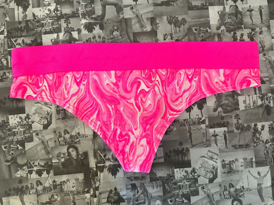 NWT Victoria's Secret PINK script Elastic Logo Thong Panty Atomic Pink Marble L