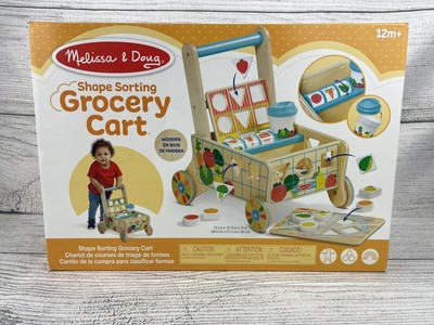 Melissa & Doug Wooden Shape Sorting Grocery Cart Push Toy and Puzzles NEW