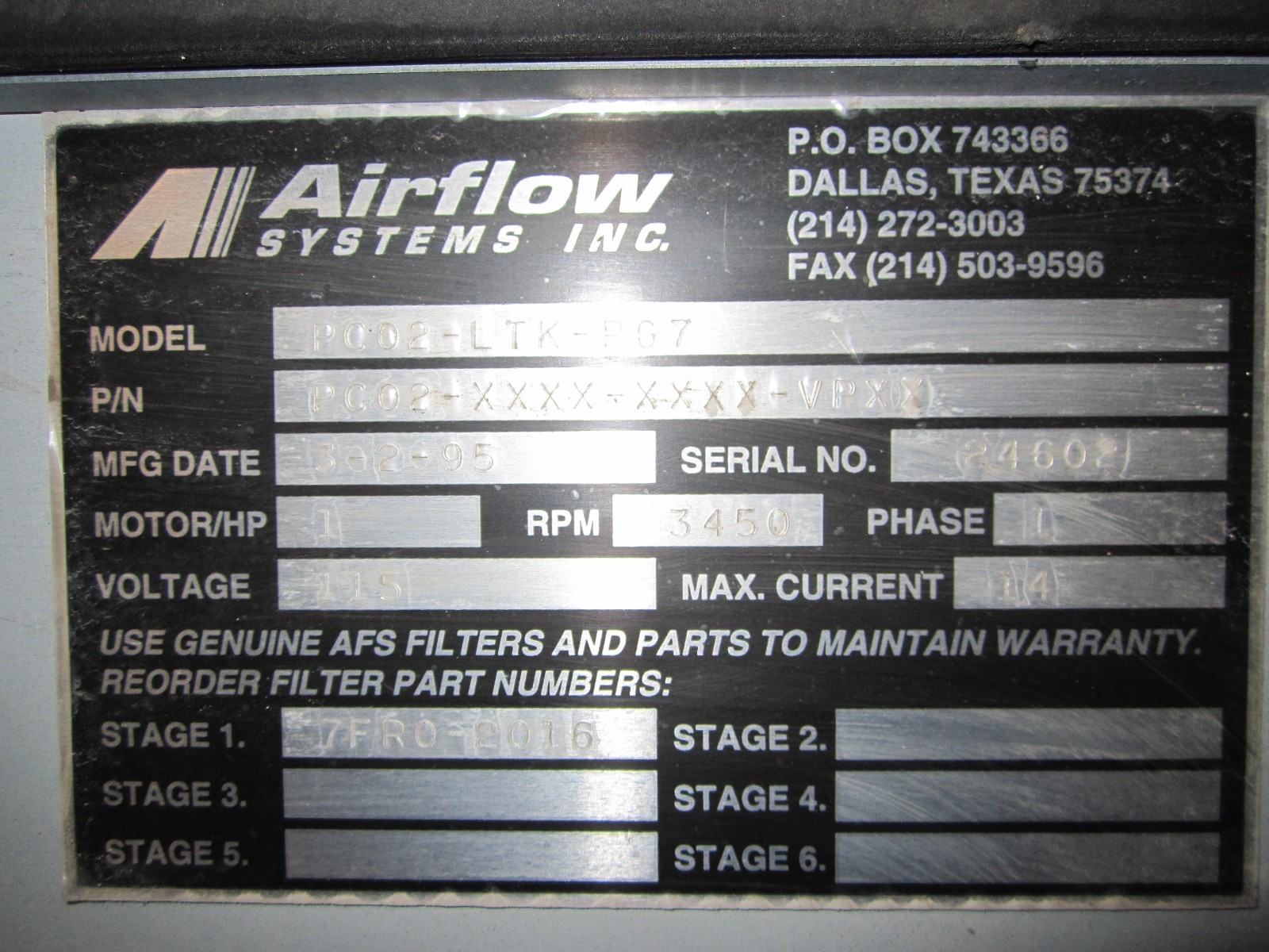 AirFlow Systems Dust Pak Model PC02-LTK-PG7 Portable Cartridge Dust Collector