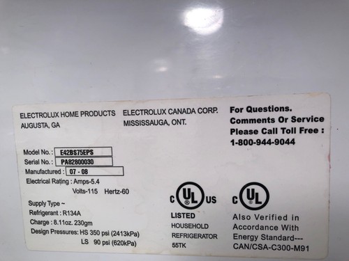 Double Door Electrolux ICON Refrigerator with Ice Maker MODEL: E42BS75EPS