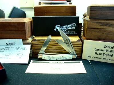 SCHRADE + USA MADE SC-505 1982 SCRIMSHAW SEAGULLS STOCKMAN KNIFE Orig BOX MINT