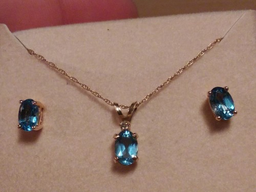 14K GOLD BLUE STONE NECKLACE+PENDANT AND EARRINGS SET