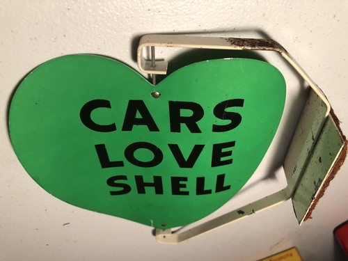 Original Old CARS LOVE SHELL Gas Station Green Spinner Heart Advertising Sign