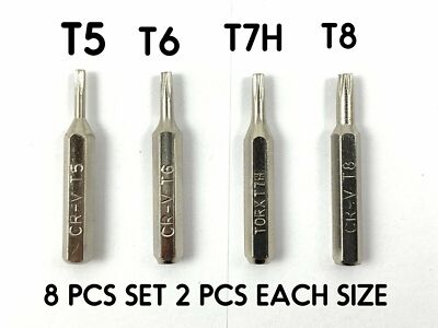 Torx micro 4mm Hex Screwdriver Bits: T5, T6, T7, T8 - 8 Bits 2 Pcs each