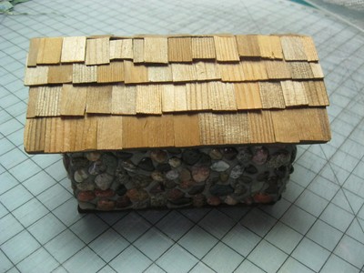 Handcrafted birdhouse - small lake stones cobble and shaker shingle roof 8.5 x 5