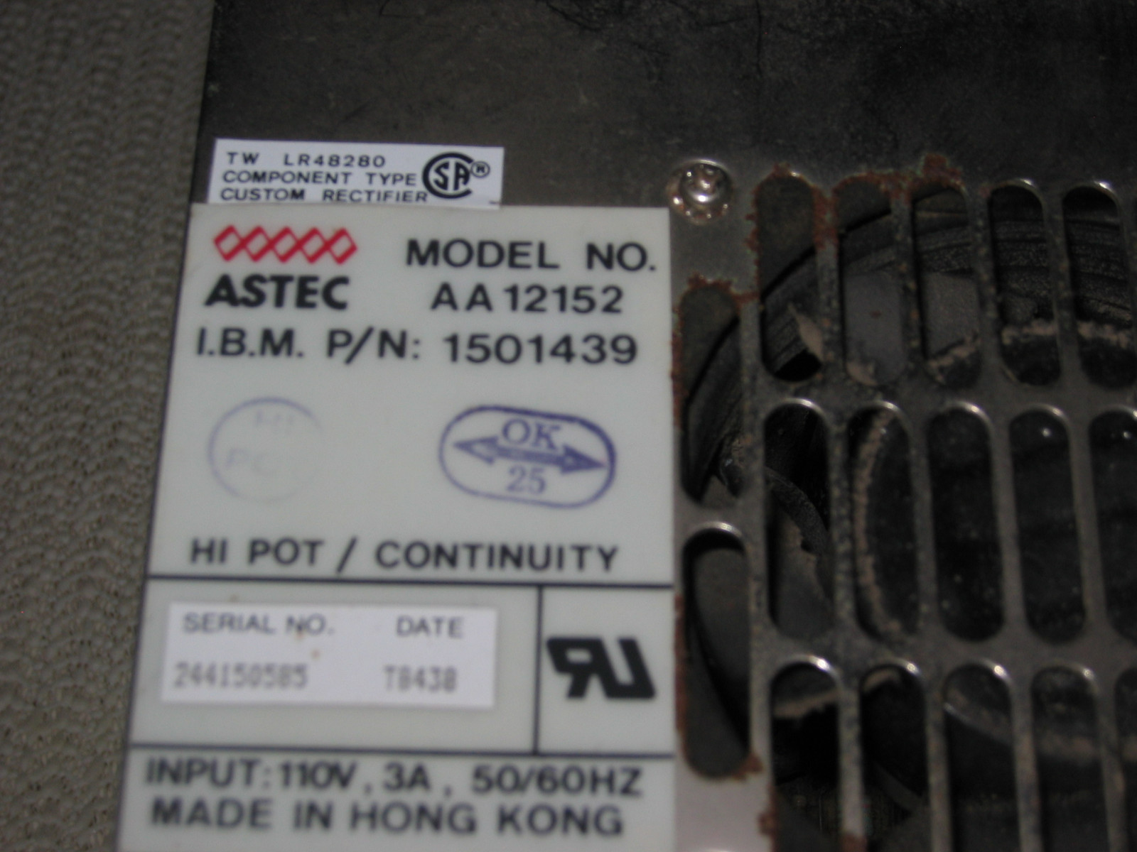 Astec Power Supply Mod AA12152, IBM p/n 1501439 removed from IBM PC XT 5160