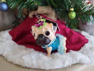 Robert Stanley Pug Puppy Dog Ornament in Glitter Sequin Tutu Dress Flowers NWT