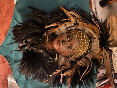 Unique Creations? Porcelain Wall Mask Mauve Feathers Black Brown African Tribal