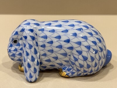 Herend Figurine - Lop Eared Bunny Rabbit - Blue Fishnet