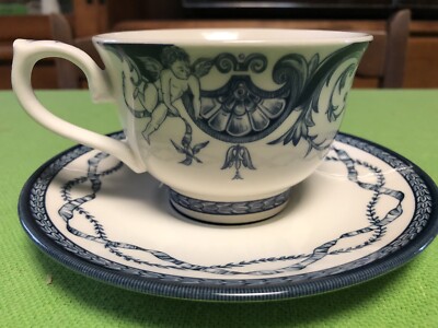 Queen's Historic Royal Palaces Tea Cup & Saucer Cherubs Blue White Transferware