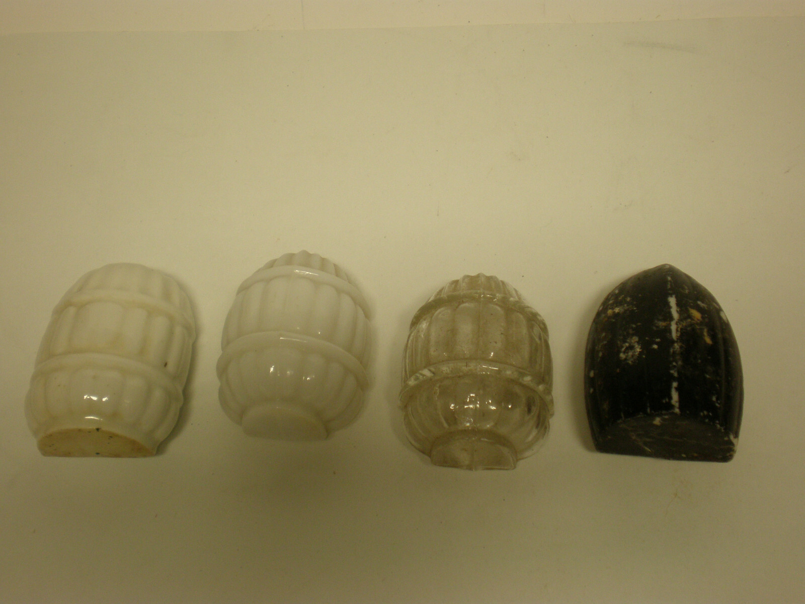 LOT OF 4 ANTIQUE ART DECO WHITE MILK / CLEAR GLASS BIRD CAGE FEEDER / WATER BOWL