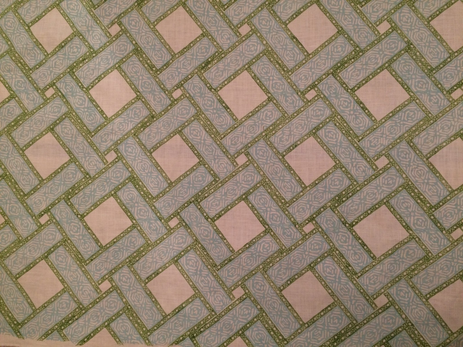 GALBRAITH & PAUL Parquet blue green white linen hand blocked new 10+ yards