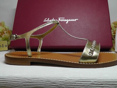 Pre-owned Ferragamo Salvatore  Metallic Gold Tremiti Chain Trim Flat Sandal Size 8.5c$430