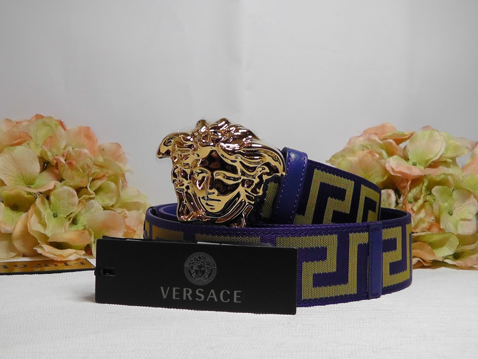 Pre-owned Versace Men's La Medusa Blue / Gold Web Belt Size 95cm Or 37 Inches$495nwt