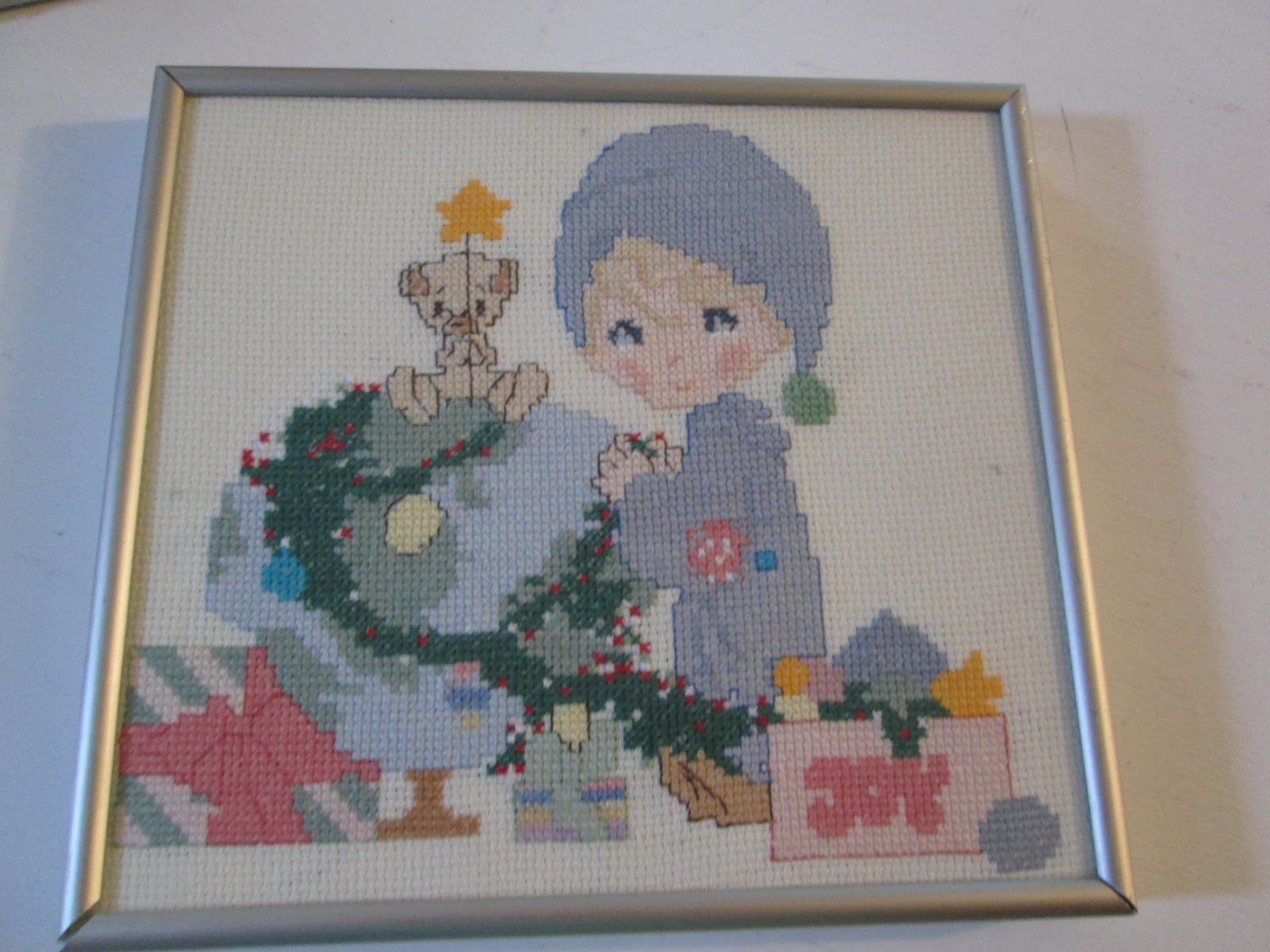 2 Completed Christmas Cross Stitch Framed Precious Moments Tree Bear Stockings