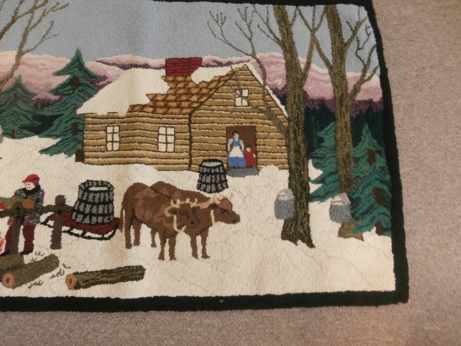 PICTORIAL FOLK ART HOOKED RUG VERMONT WINTER SCENE HORSE & SLEIGH MAPLE SUGAR