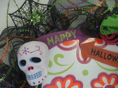 Halloween Wreath Black Green White Sugar Skull Skeleton Spider 21