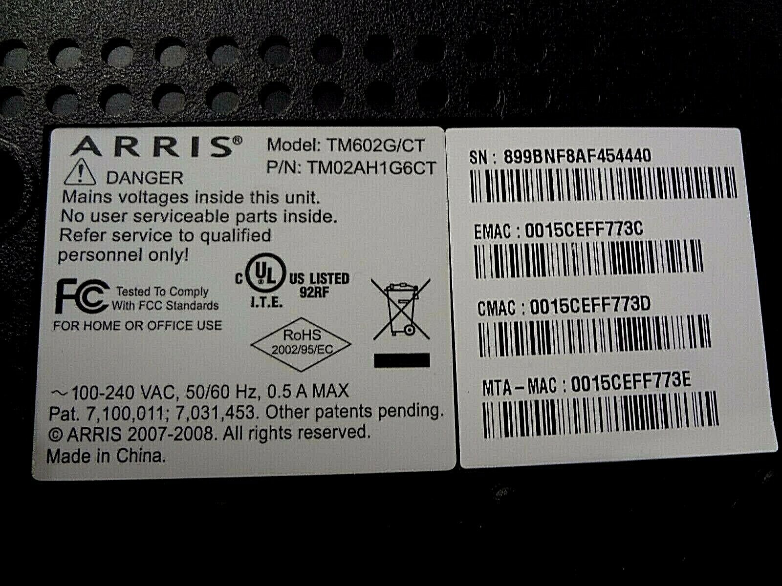 ARRIS ~ TM602G/CT Touchstone Telephony Cable Modem TM02AH1G6CT