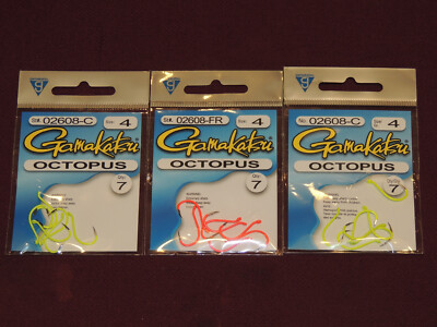 New 3 Packs of 7 Gamakatsu Size 4 Chartreuse Fire Red Octopus Hooks #2608-FR & C