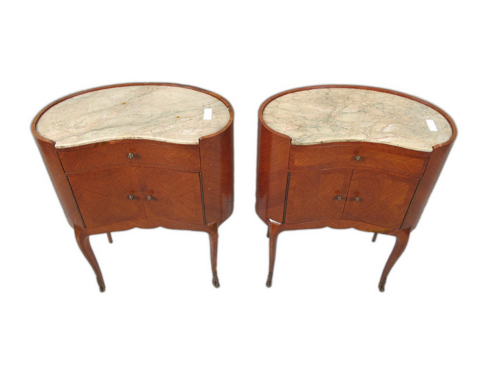 Antique pair of kidney shap marble top nightstands # 11312