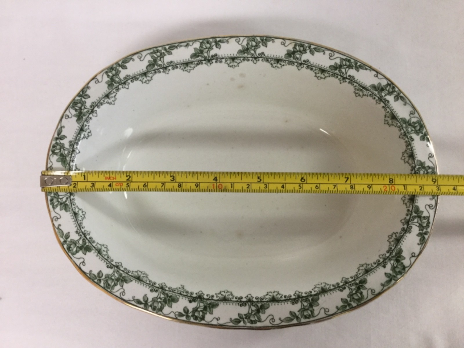 Furnvivals 9” Antique Bowl White w/ Green Roses & Gold Rim Oval Serving Dish