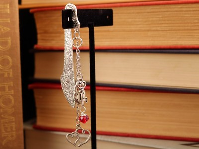 Bookmark Lock and Key to Two Hearts Joined Tibetan Silver and Red Swarovski Bead