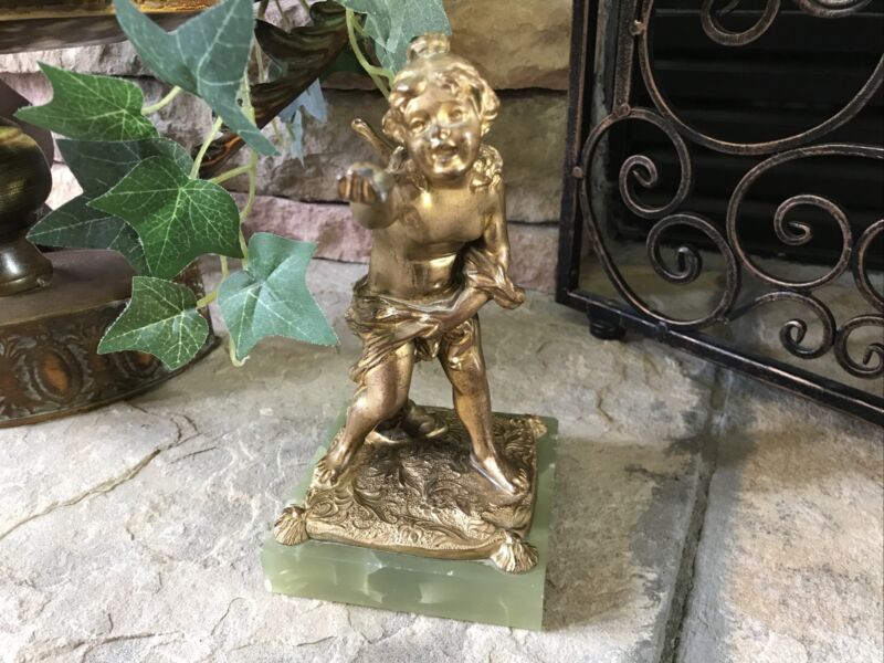 Antique Putti Cherub Sculpture Angel Girl Statue Bronze Cupid Figure Marble Base