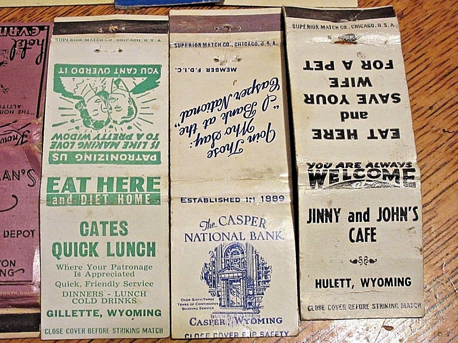 12 diff WYOMING vintage matchbook covers, Jackalope Wigwam Bakery some old ones