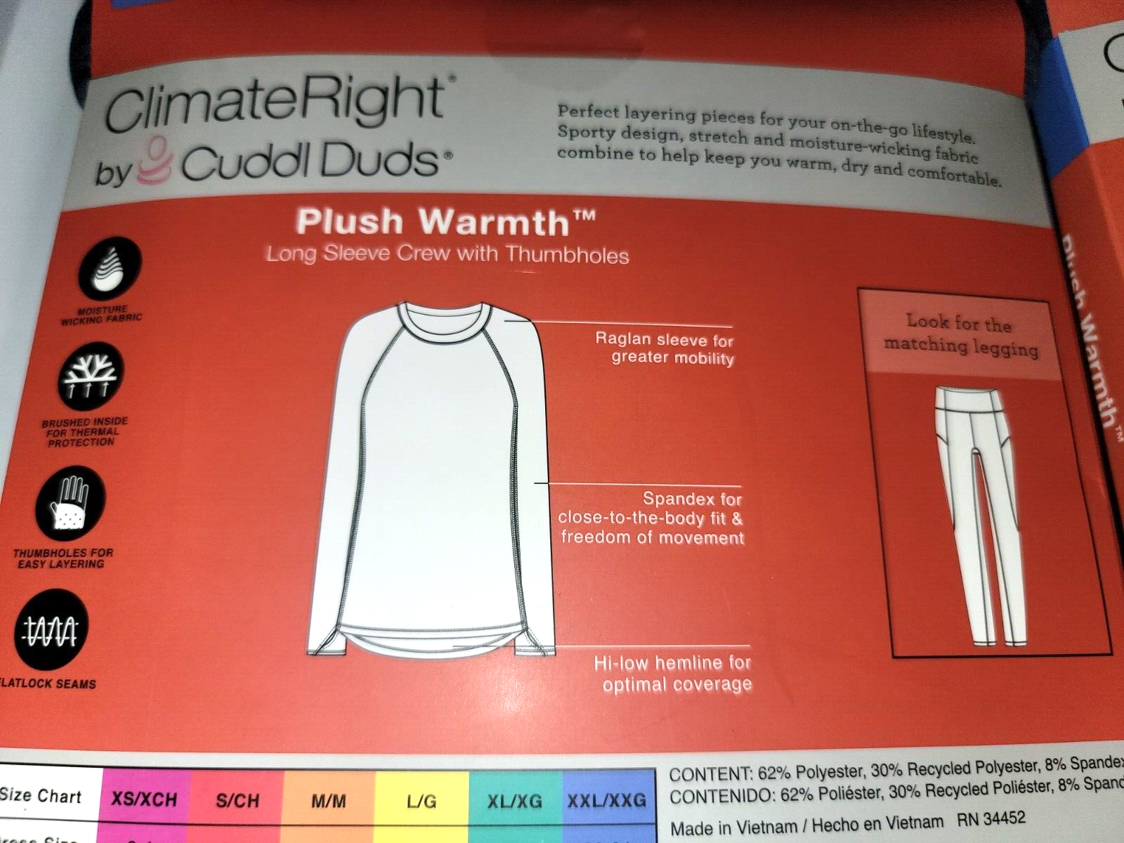 Climate Right Cuddl Duds Base Layer Plush Warmth Crew Leghings S S M L XXL Set