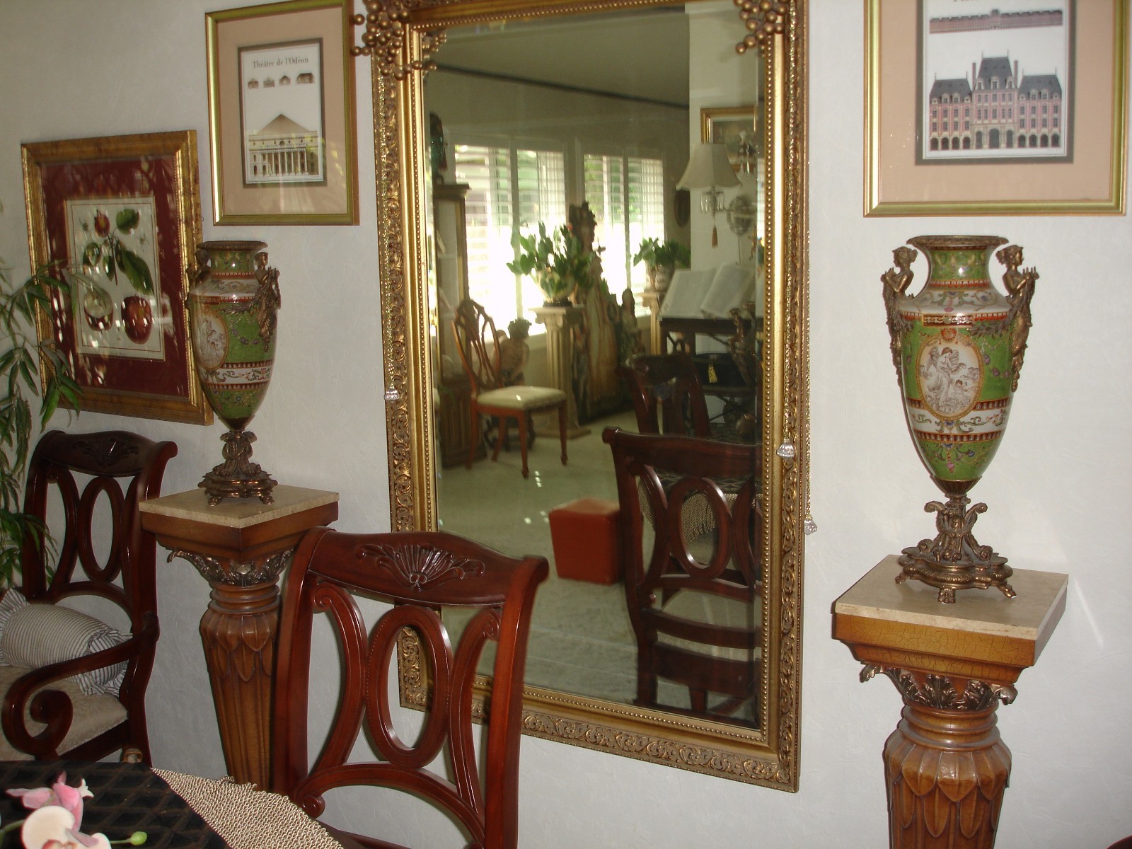 Pair of French Porcelain and Brass Urns