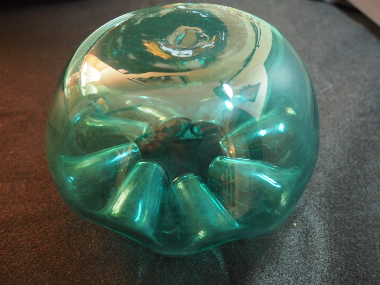 Lovely Early Blown Glass Open Pontil turquiose Blue Crimped Top Vase Bowl