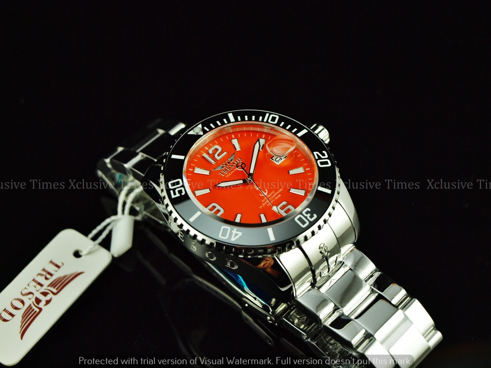 Pre-owned Tresod Men Superlume Ocean Master Auto Orange Dial Sapphire Crystal Ss Watch
