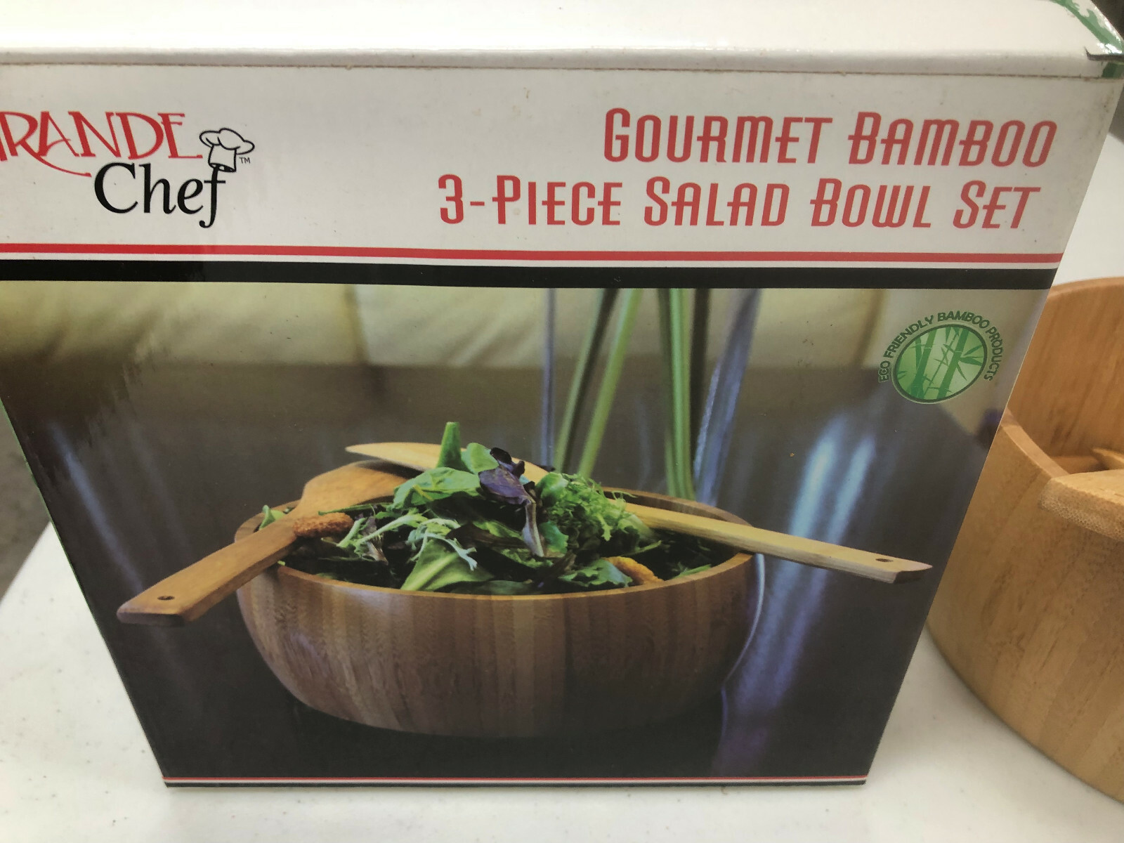 BS2 Grande Chef 3 piece pc Gourmet Bambbo salad bowl set condiments party serve