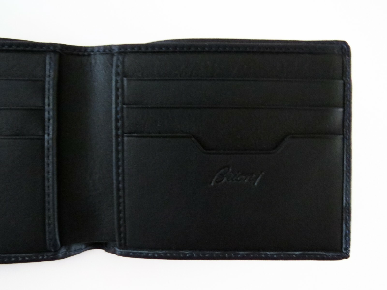 Pre-owned Brioni $750  Dark Blue Leather With "b" Logo Bifold Wallet Id Card Holder W/ Box