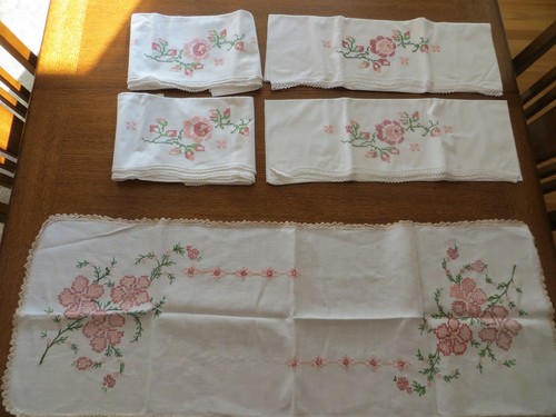 2 Pair Vintage 100% Cotton Pillowcases Hand Embroidered + Runner UNUSED