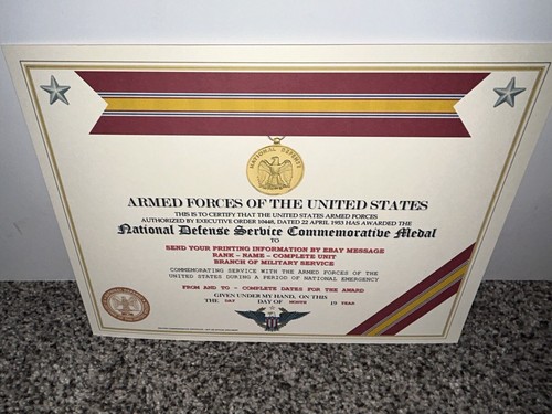 NATIONAL DEFENSE SERVICE MEDAL COMMEMORATIVE CERTIFICATE ~ W/PRINTING TYPE-1
